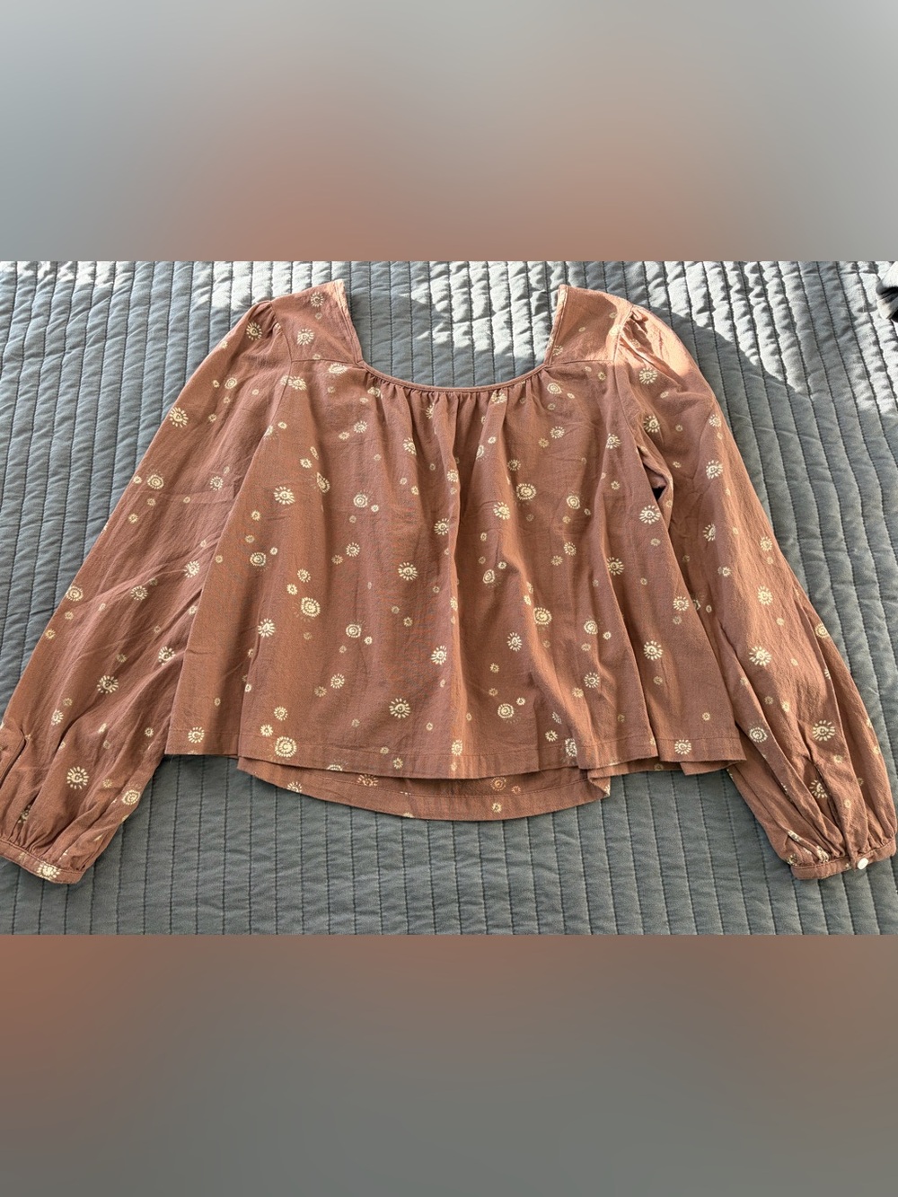 a.n.a Rust Boho Sunburst Print Square-Neck Balloon Sleeve Cotton Blouse Size L - Picture 11 of 11